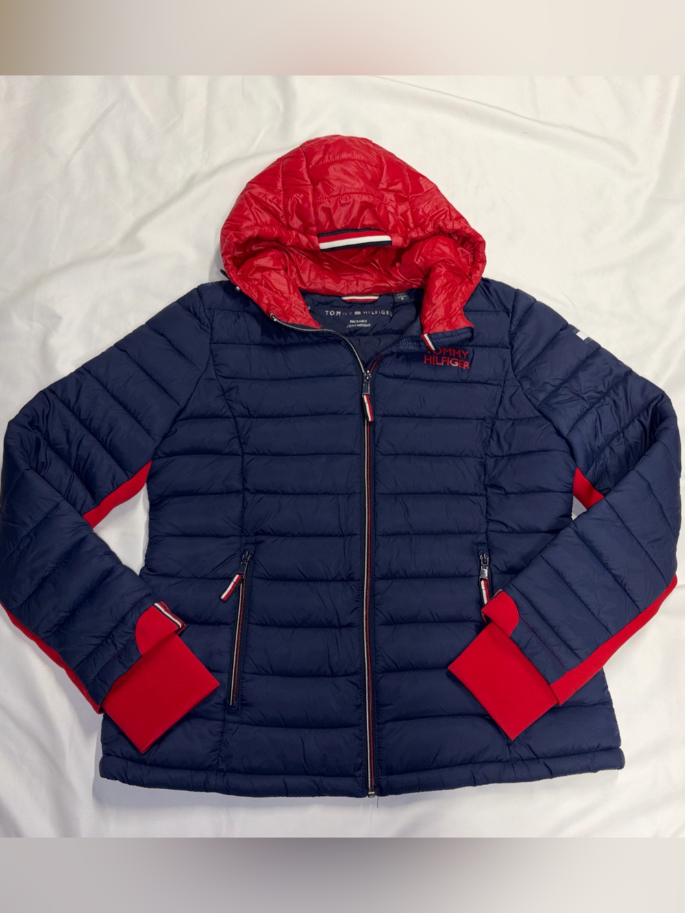 Tommy Hilfiger Navy and Red Quilted Hooded Puffer Jacket